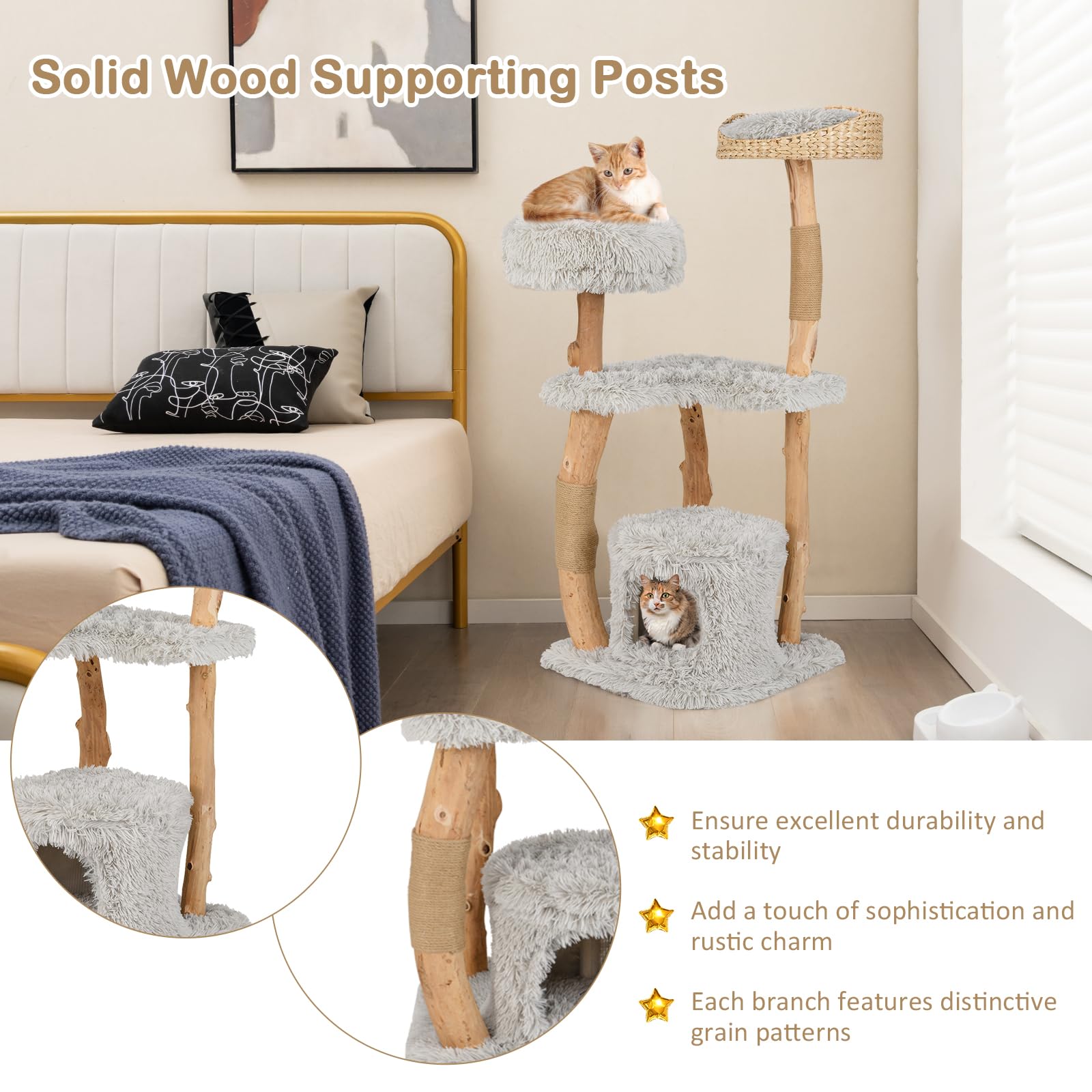 Petsite 49 Inch Cat Tree For Indoor Cats, Cute Solid Wood Modern Multi-Level Cat Tower With Scratching Posts, Top Cattail Basket